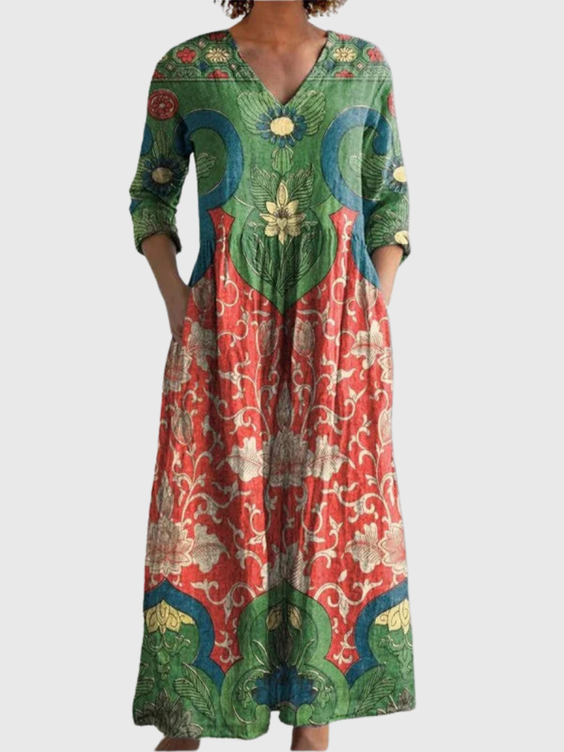 Floral Print V-Neck Three Quarter Sleeve Maxi Dress