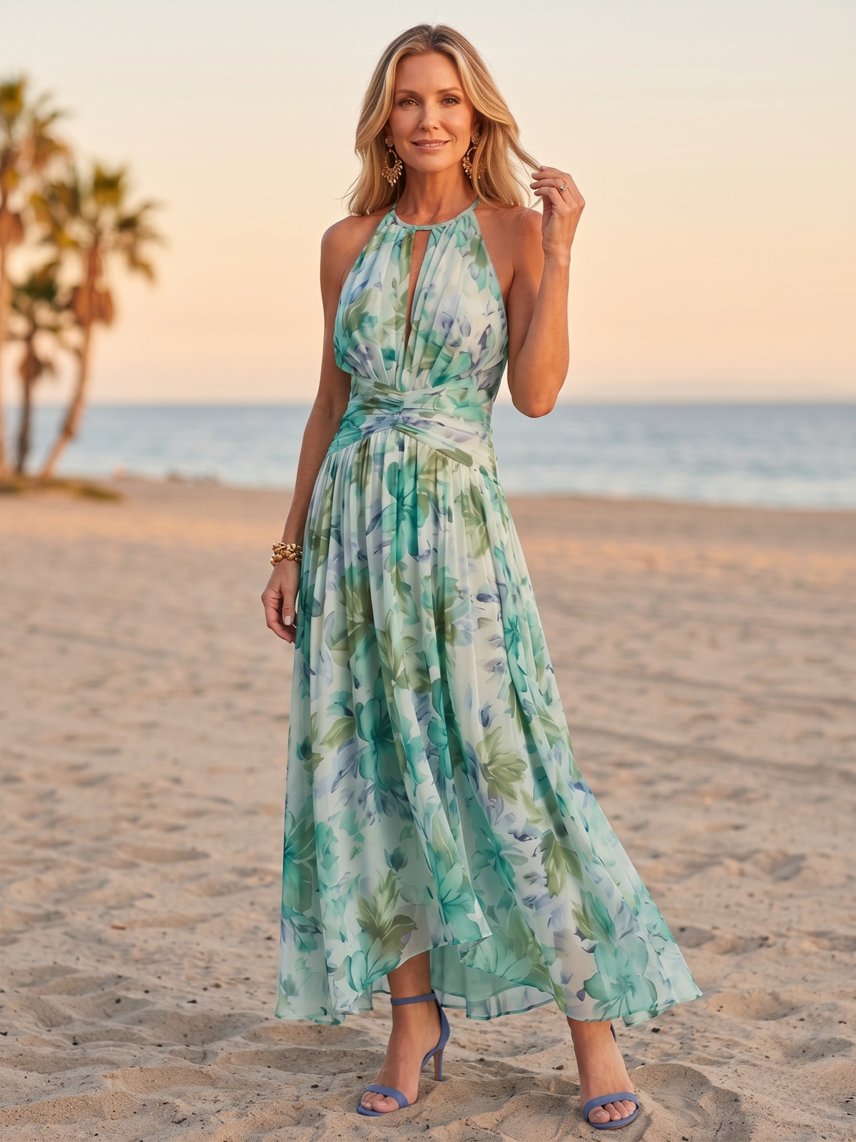 Floral Halter Neck Keyhole Pleated Chiffon Maxi Dress