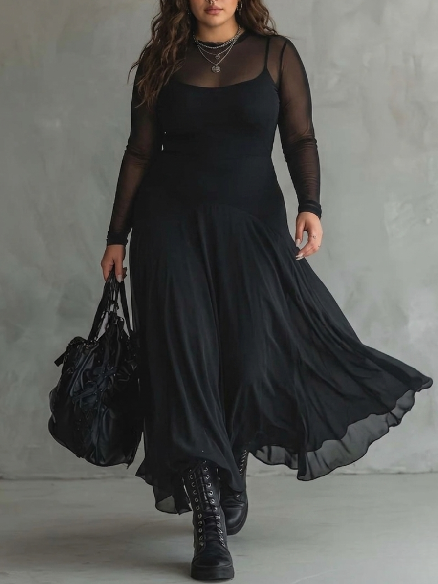 Sheer Mesh Long Sleeve Square Neck Maxi Dress