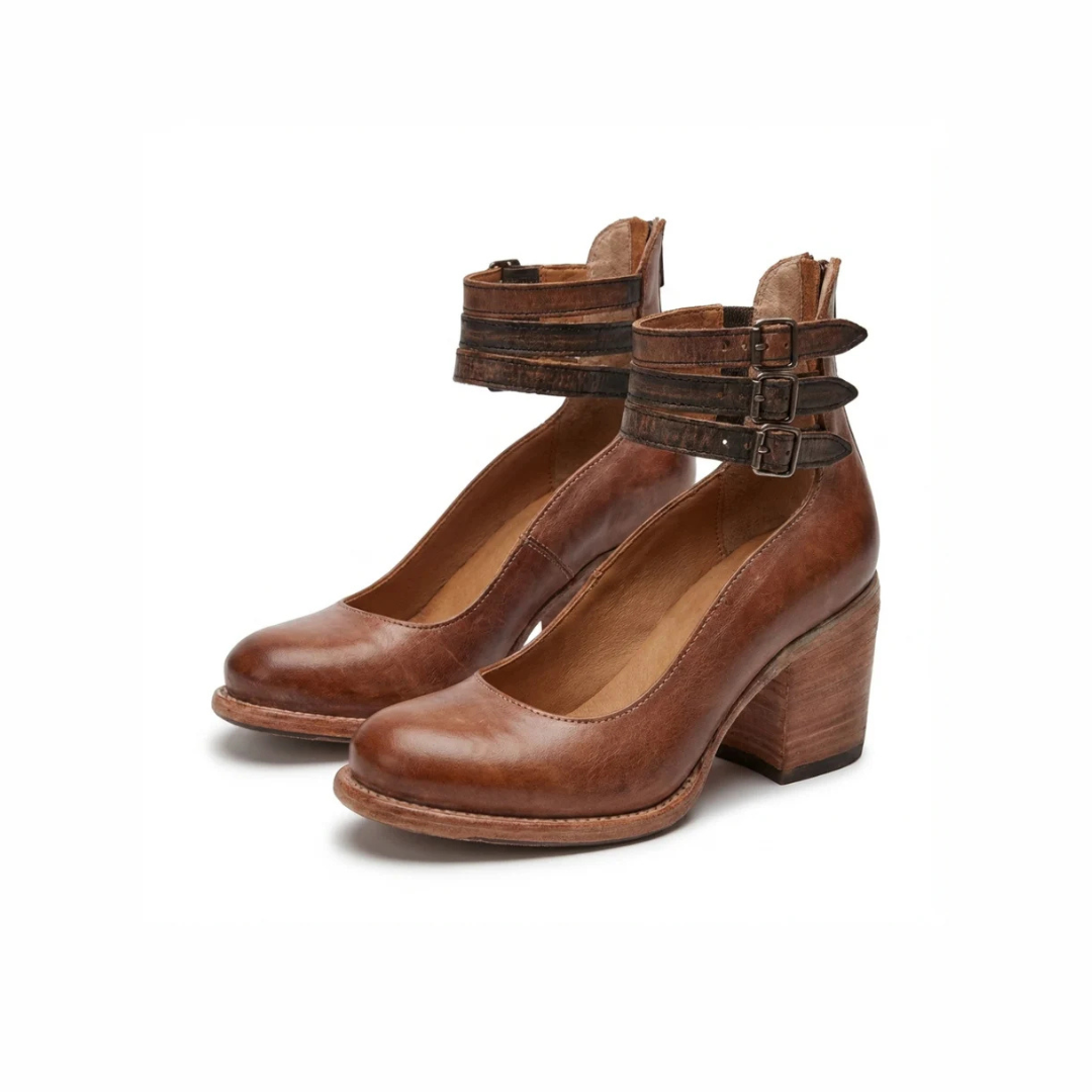 Round Toe Ankle Strap Buckle Block Heel Pumps