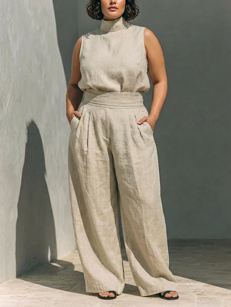 Sleeveless High Neck Top and Wide Leg Pants Two Piece Set