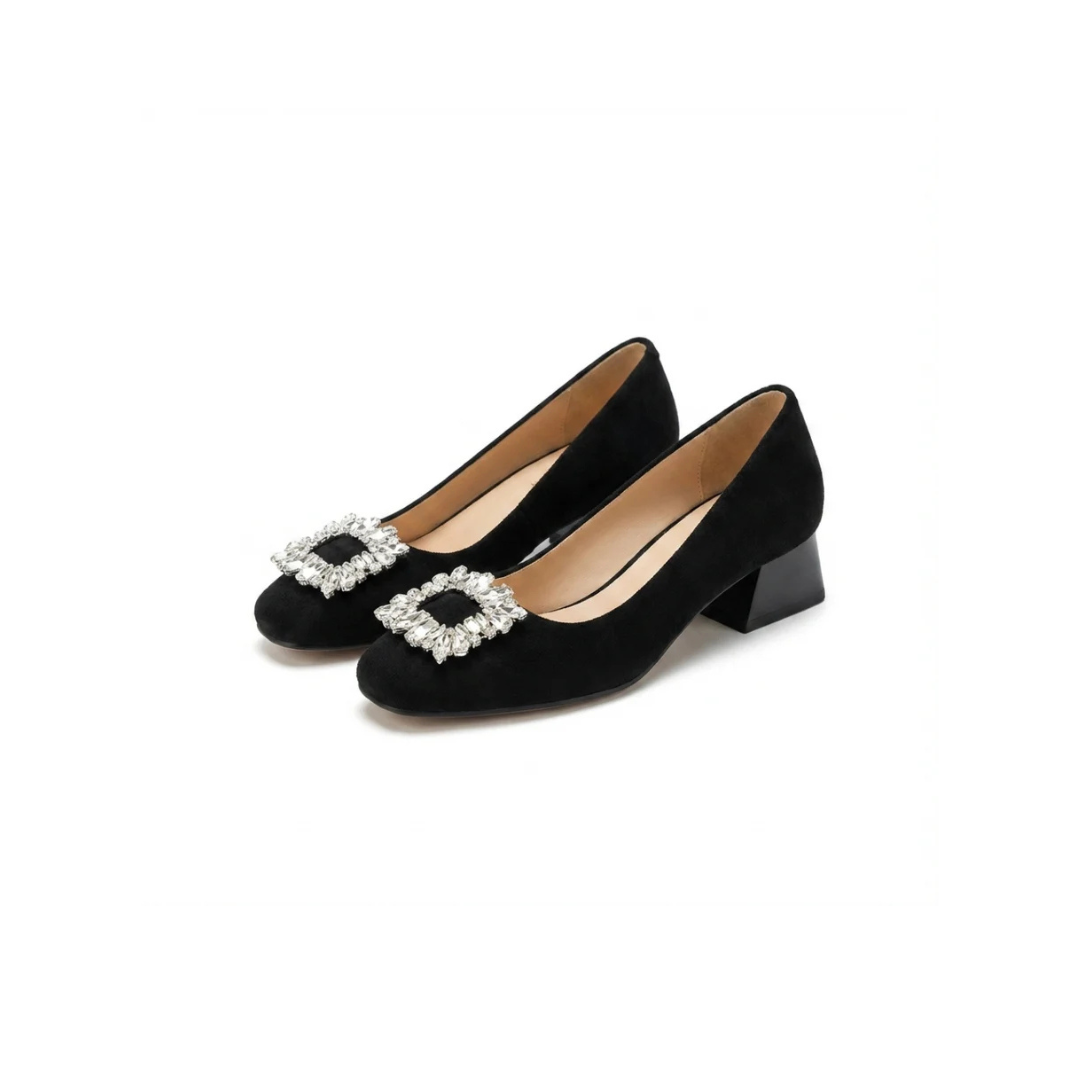 Crystal Buckle Square Toe Suede Look Block Heel Pumps