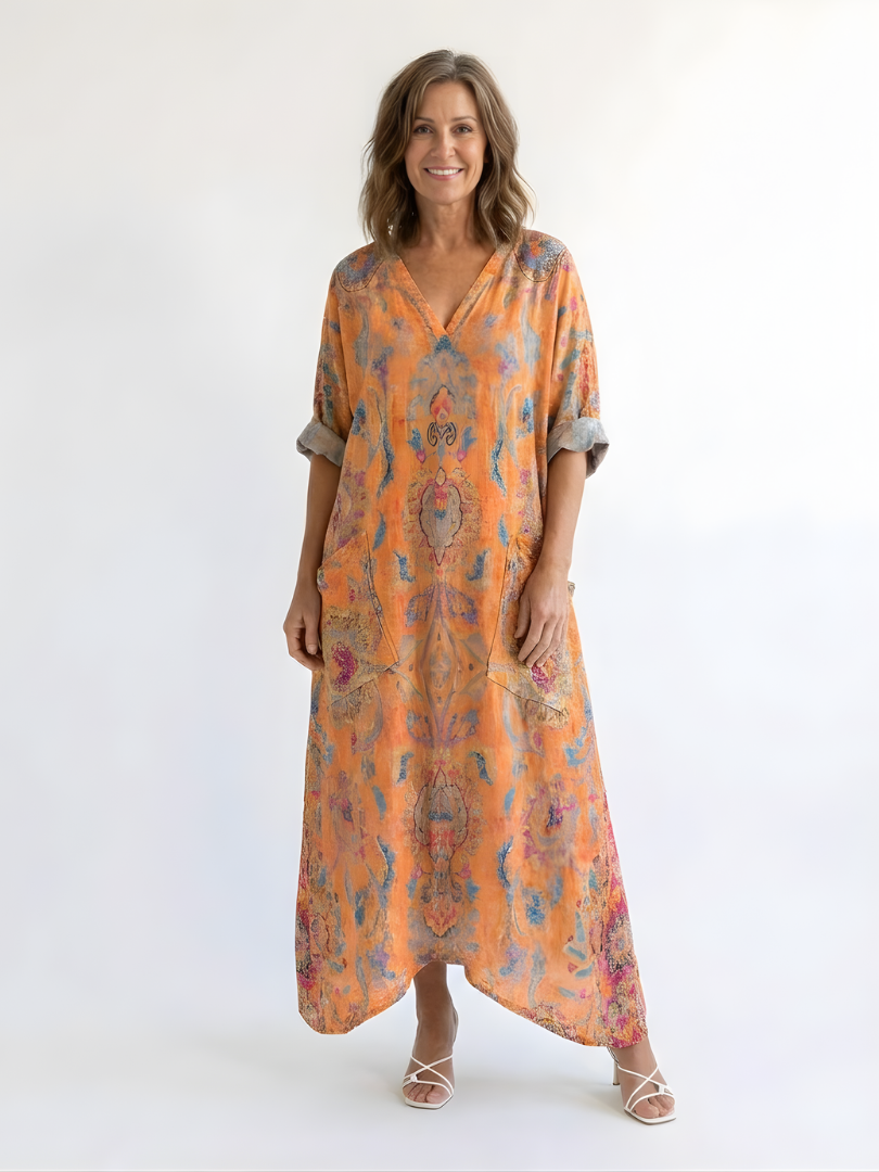Abstract Print V-Neck Roll Sleeve Kaftan Maxi Dress