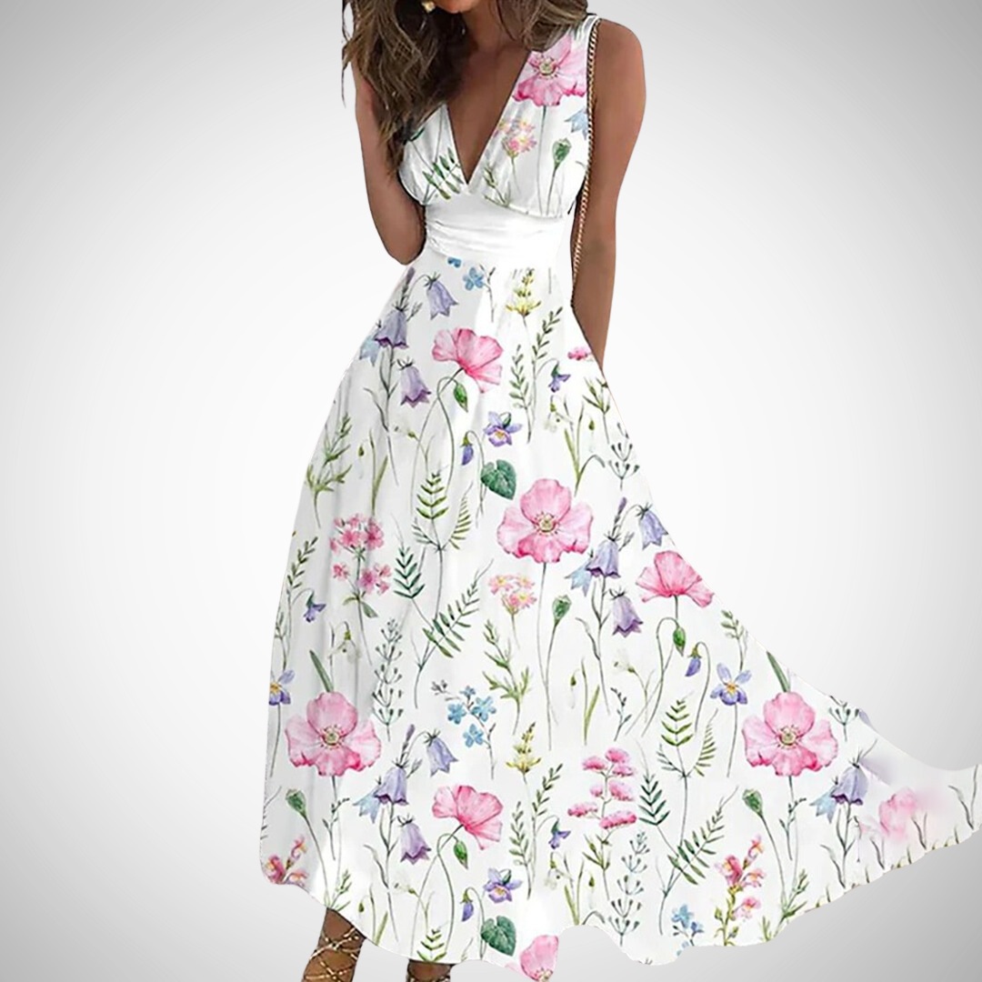 Deep V-Neck Sleeveless Floral Wrap Maxi Dress 3