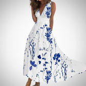 Deep V-Neck Sleeveless Floral Wrap Maxi Dress