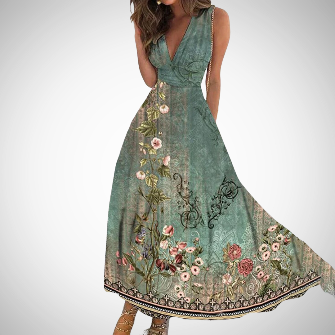 Deep V-Neck Sleeveless Floral Wrap Maxi Dress 2