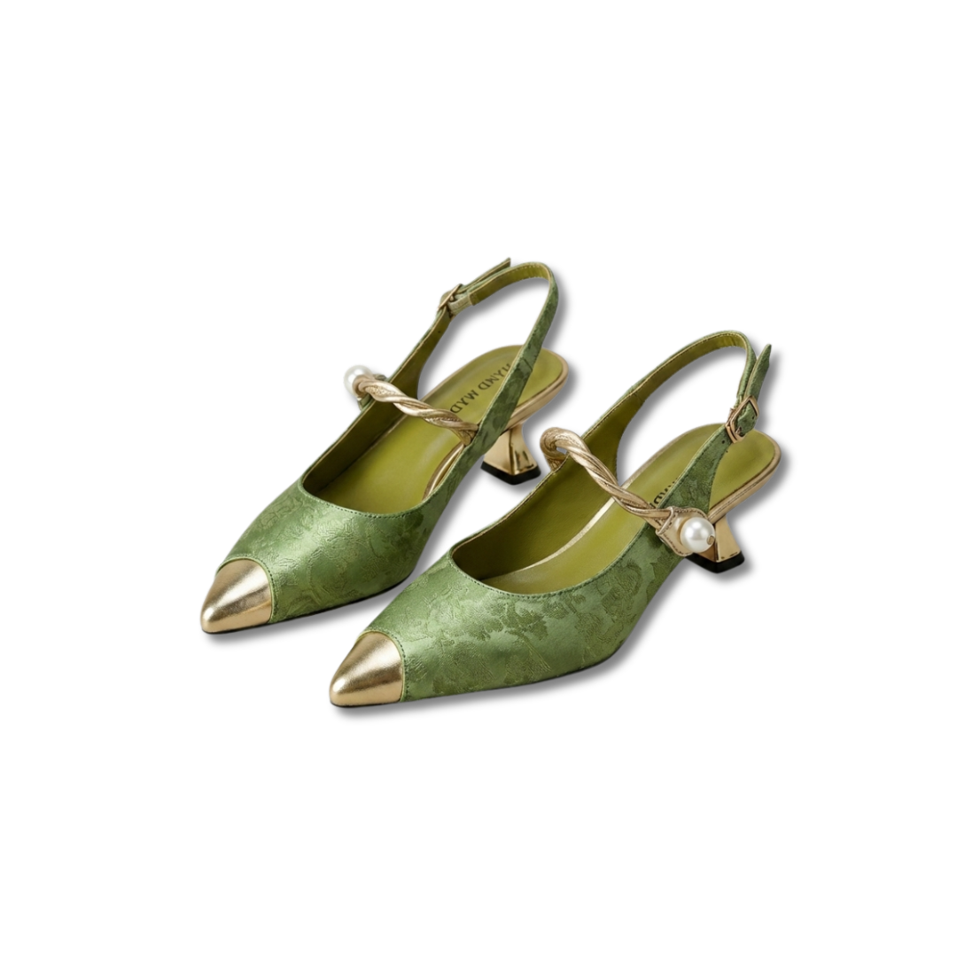 Pointed Cap Toe Slingback Kitten Heel Pumps