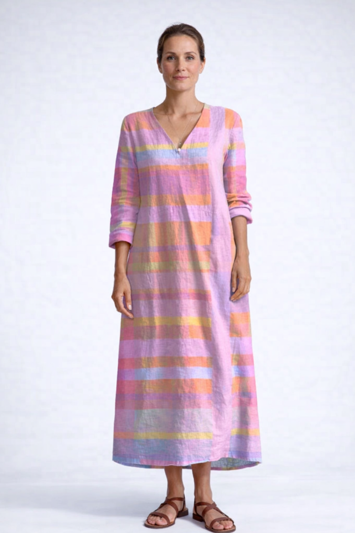 Plaid V-Neck Long Sleeve Linen Look Maxi Dress