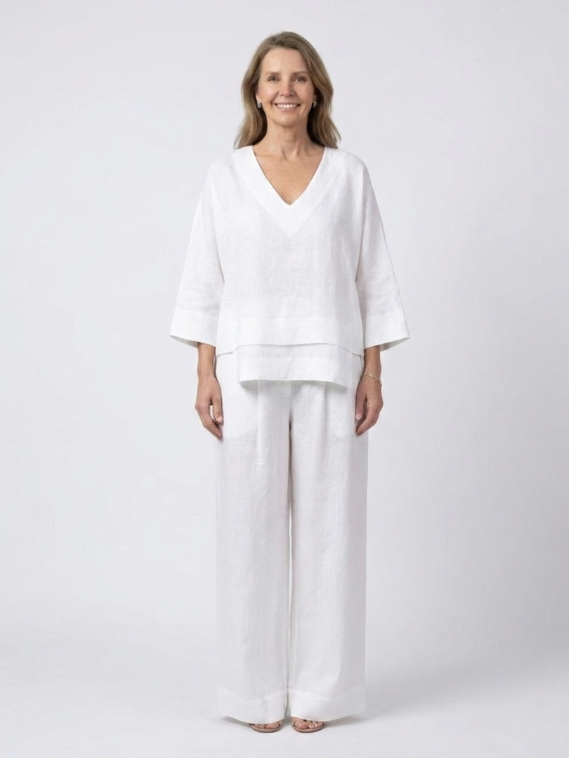 V-Neck Layered Top and Wide Leg Pants Two Piece Set
