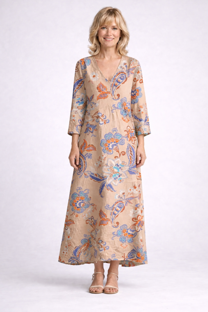 Paisley Floral V-Neck Long Sleeve Maxi Dress