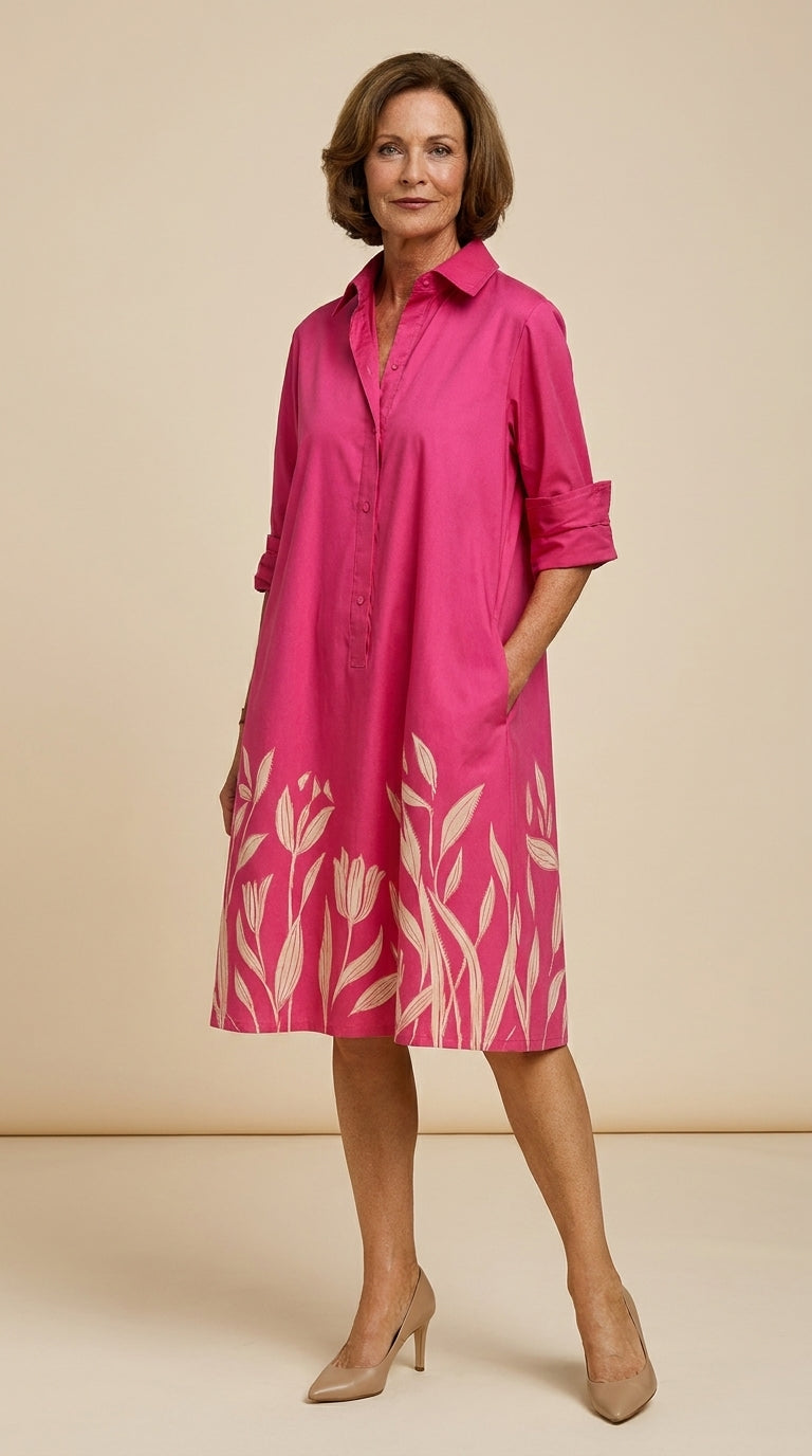 Tulip Print Collared Roll Sleeve A-Line Shirt Dress