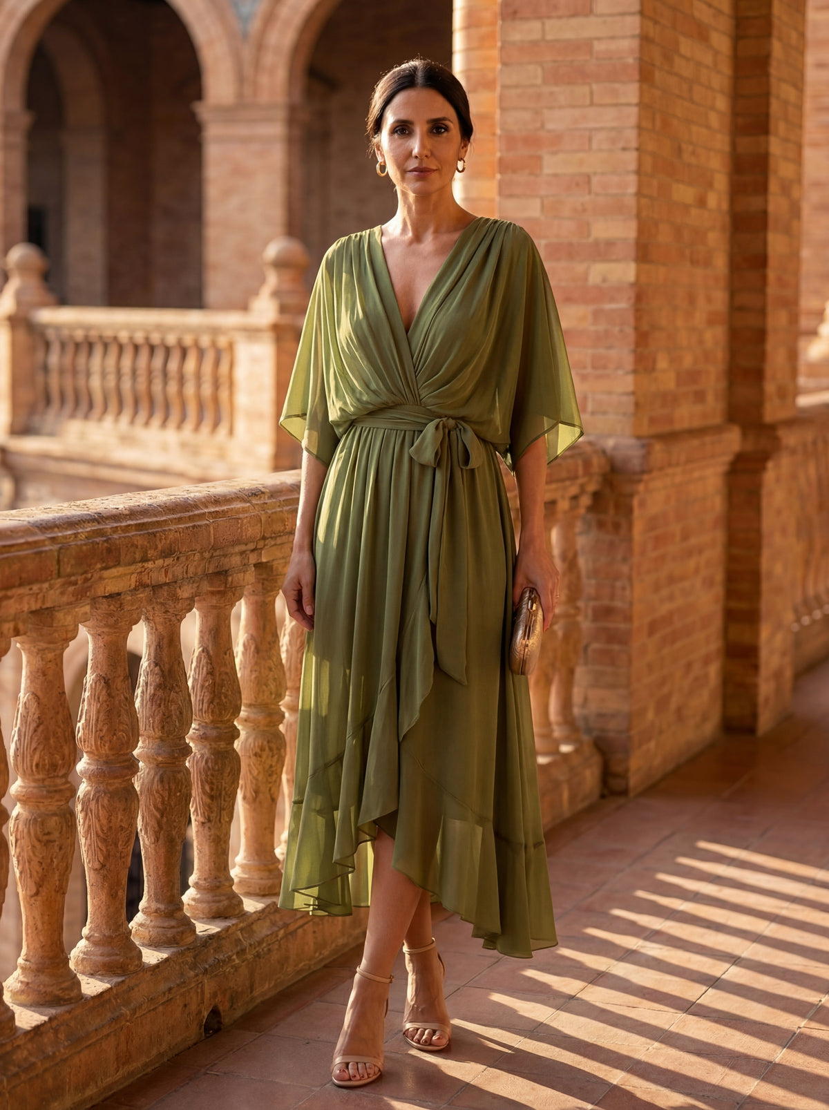 V-Neck Kimono Sleeve Belted Ruffle High Low Midi Dress