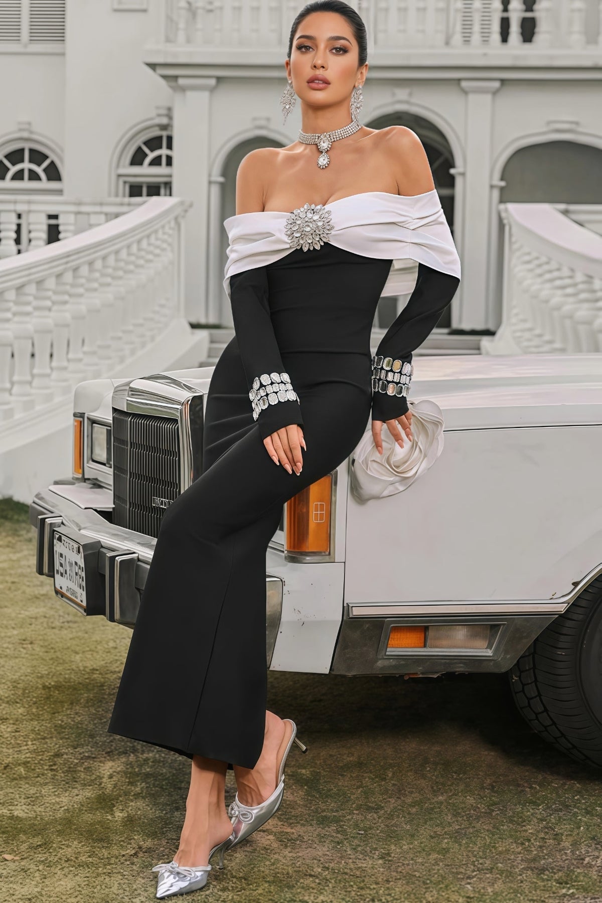 Off Shoulder Long Sleeve Crystal Brooch Bandage Maxi Dress 2