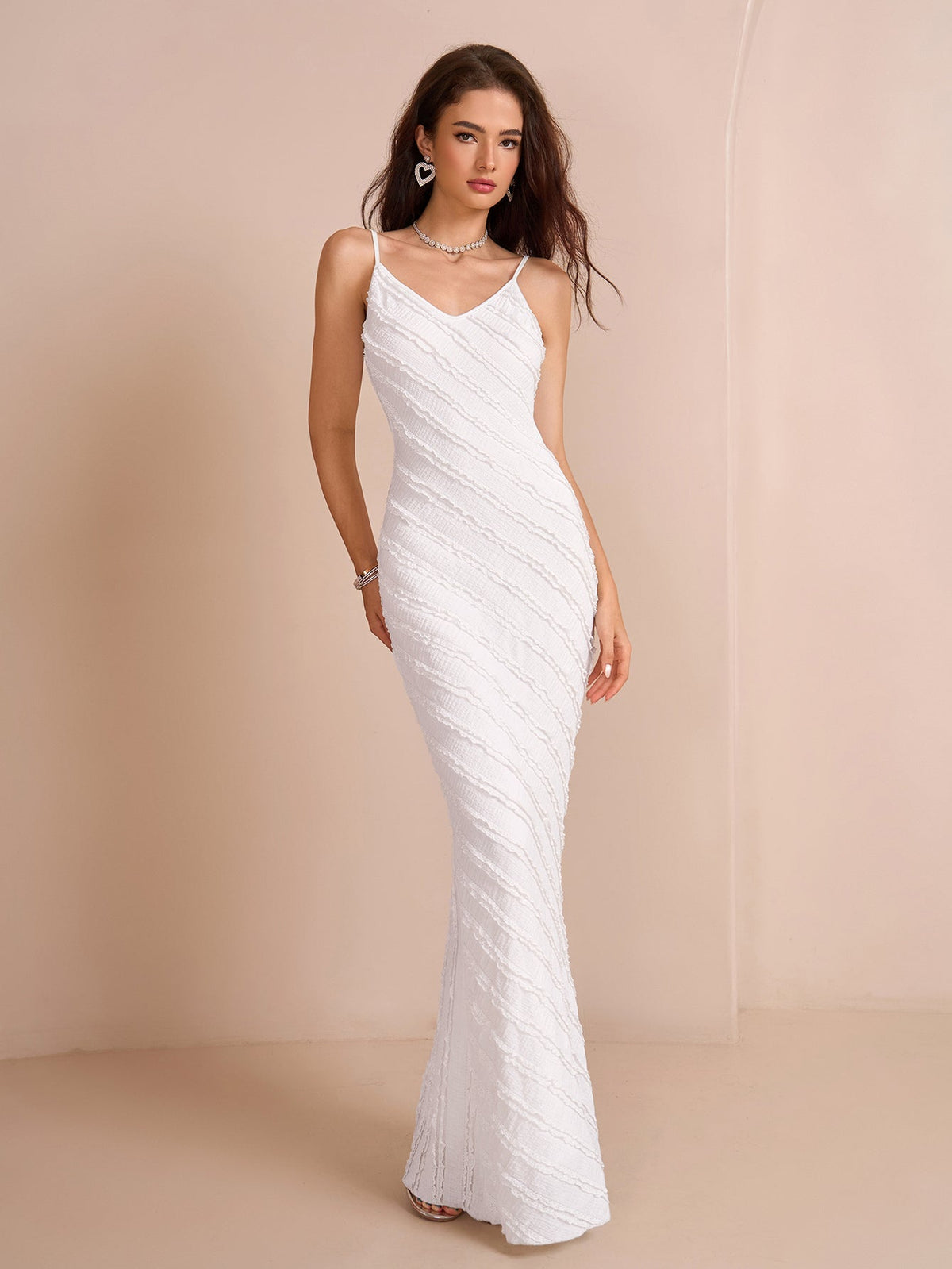 V-Neck Spaghetti Strap Textured Diagonal Stripe Jacquard Mermaid Maxi Dress