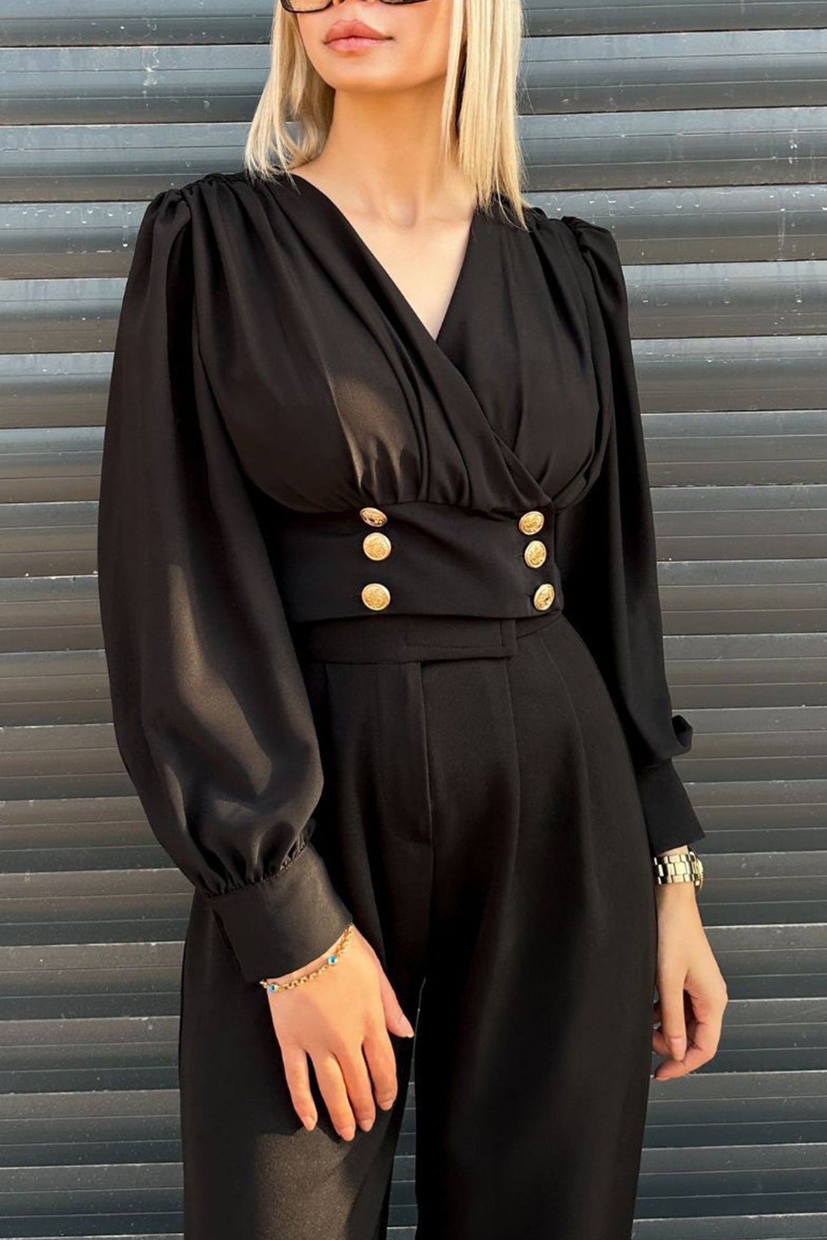 Surplice V-Neck Long Puff Sleeve Button Waistband Cropped Blouse 4