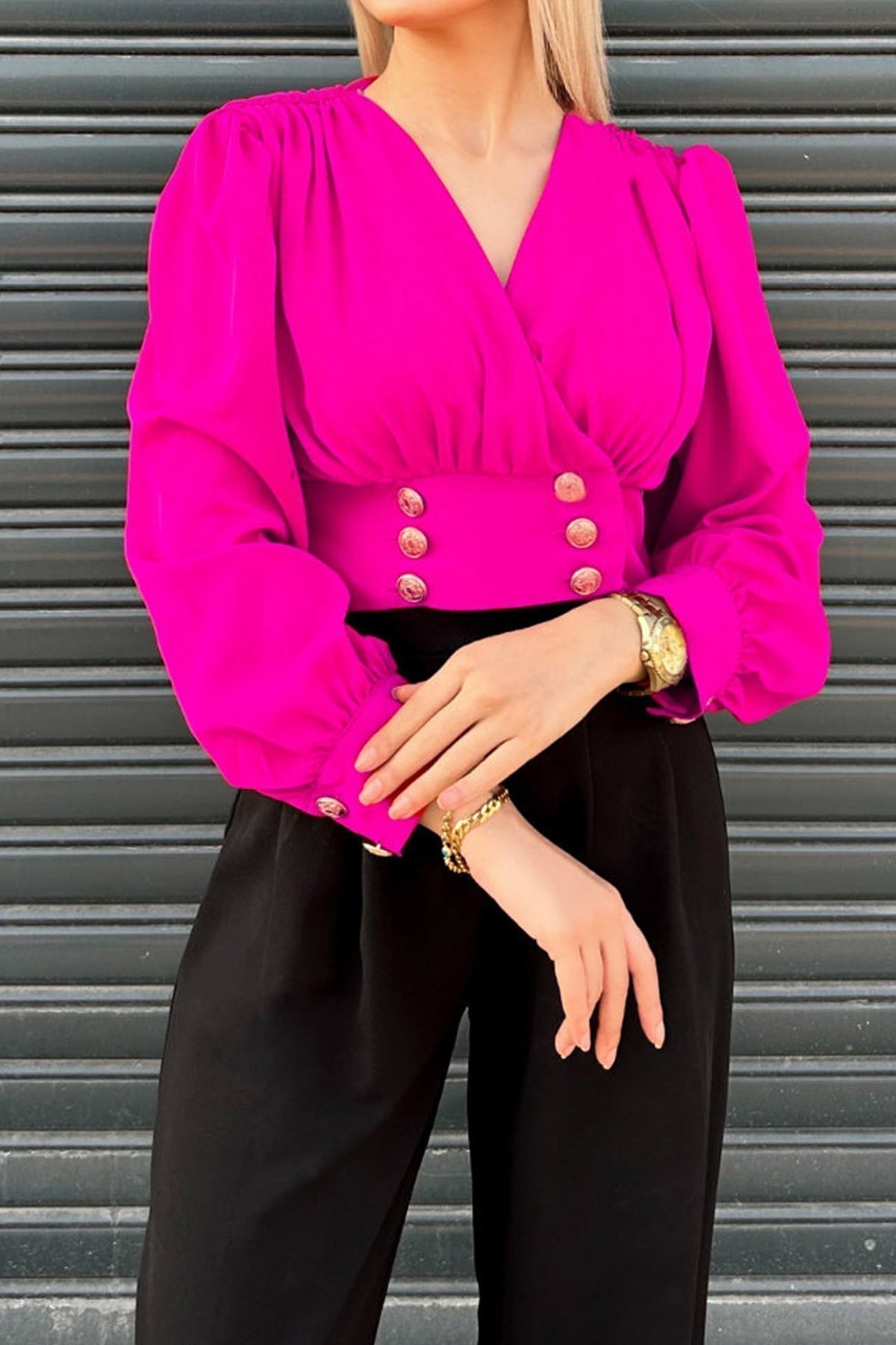 Surplice V-Neck Long Puff Sleeve Button Waistband Cropped Blouse 7