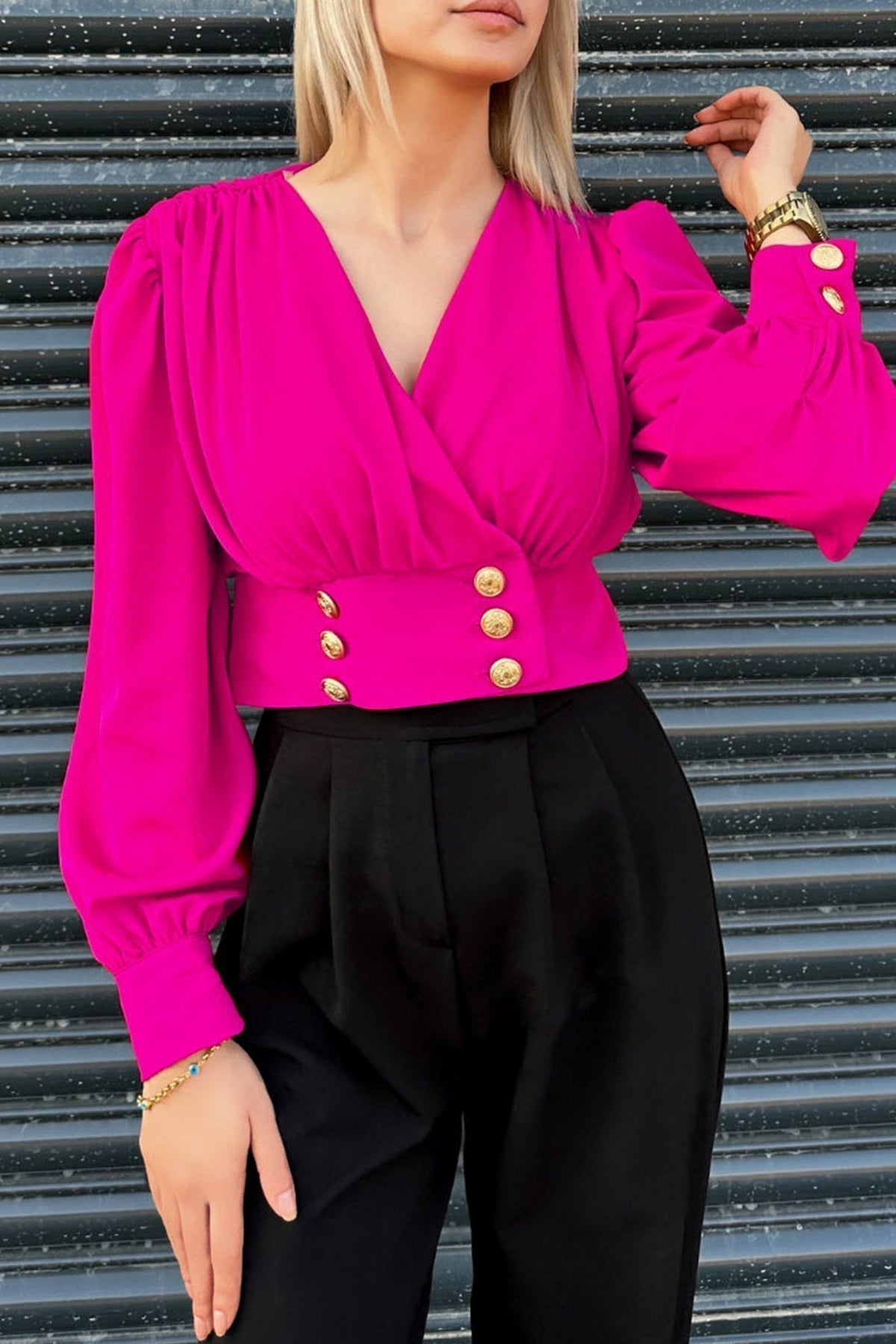 Surplice V-Neck Long Puff Sleeve Button Waistband Cropped Blouse 8
