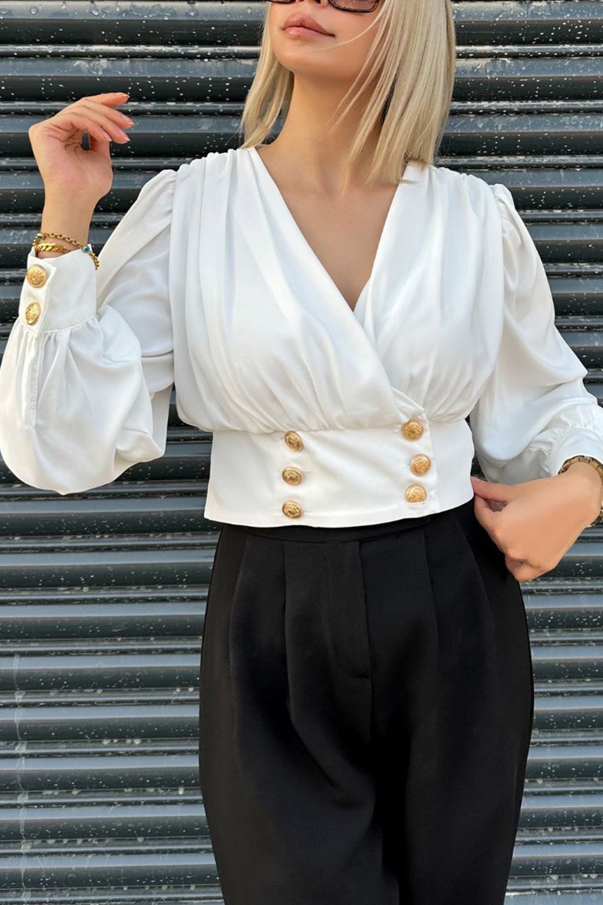 Surplice V-Neck Long Puff Sleeve Button Waistband Cropped Blouse 2