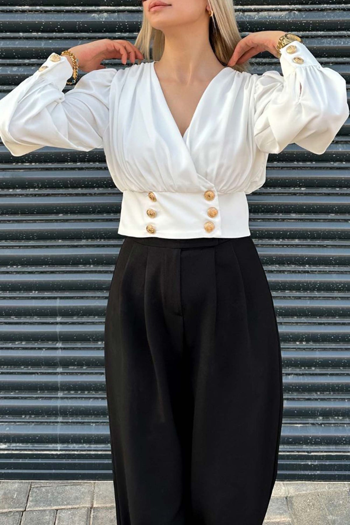 Surplice V-Neck Long Puff Sleeve Button Waistband Cropped Blouse