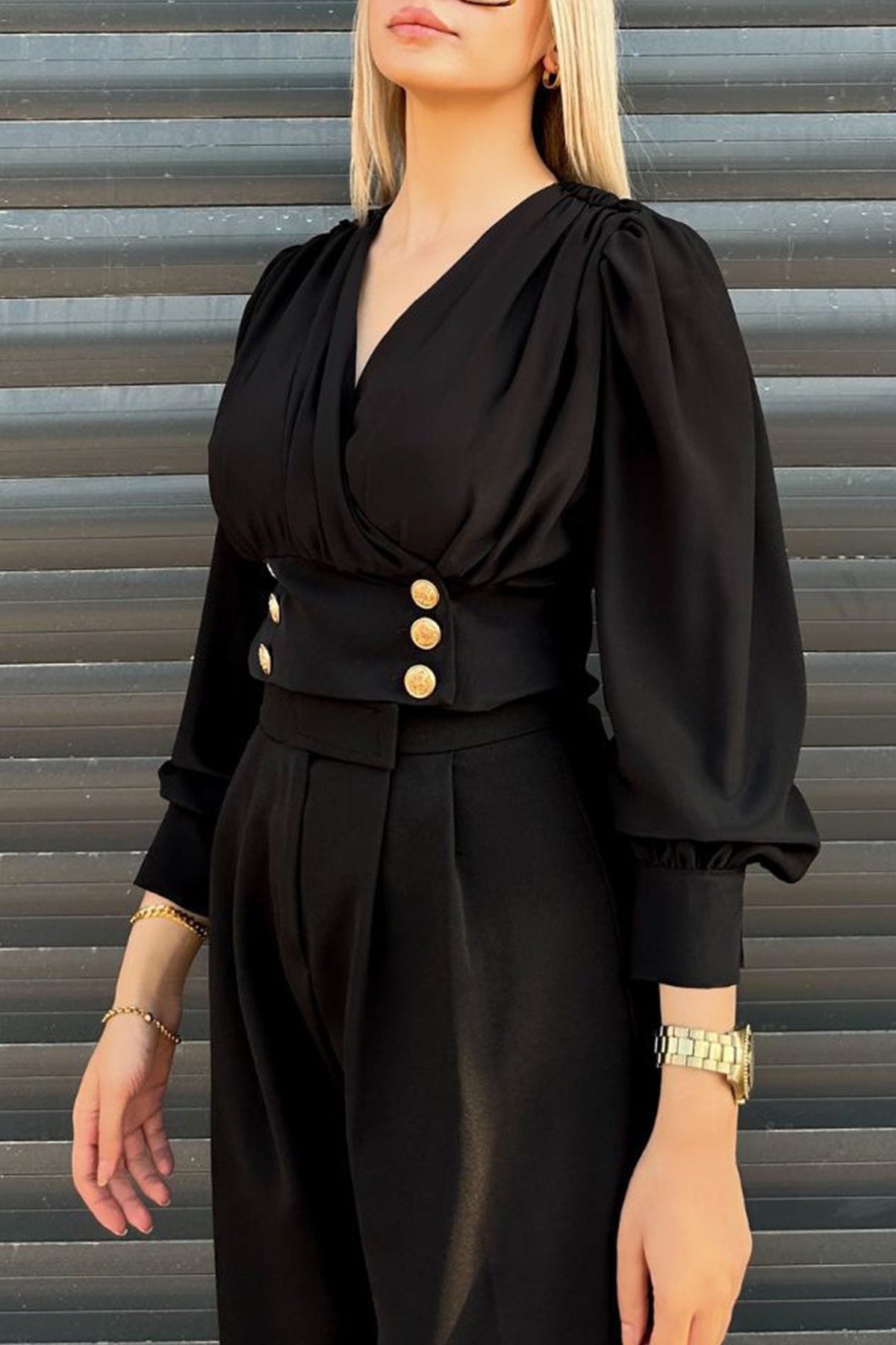 Surplice V-Neck Long Puff Sleeve Button Waistband Cropped Blouse 6