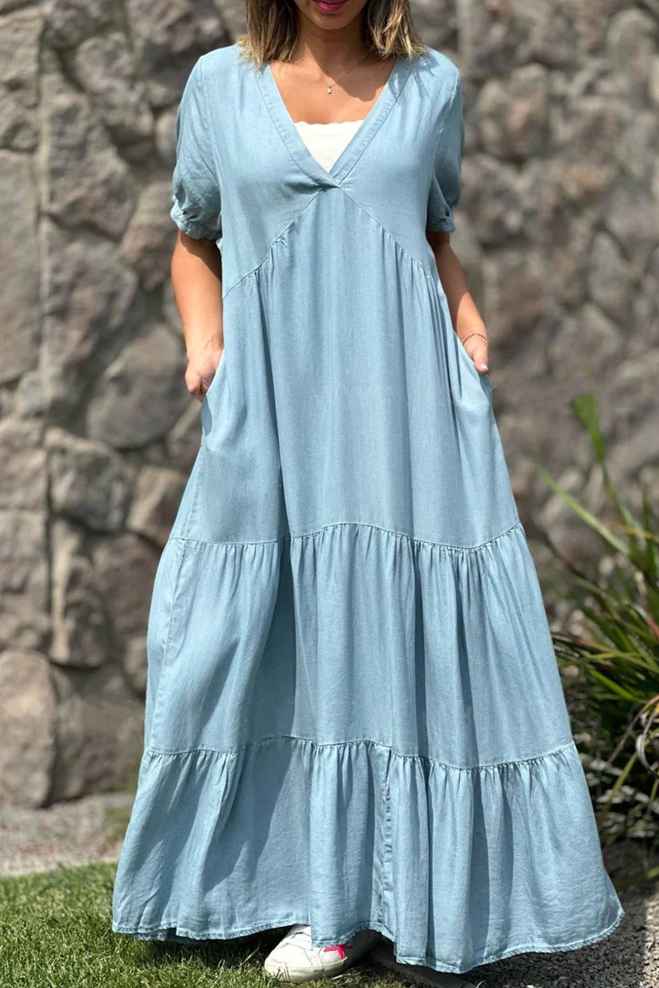 V Neck Short Sleeve Faux Denim Tiered Dress