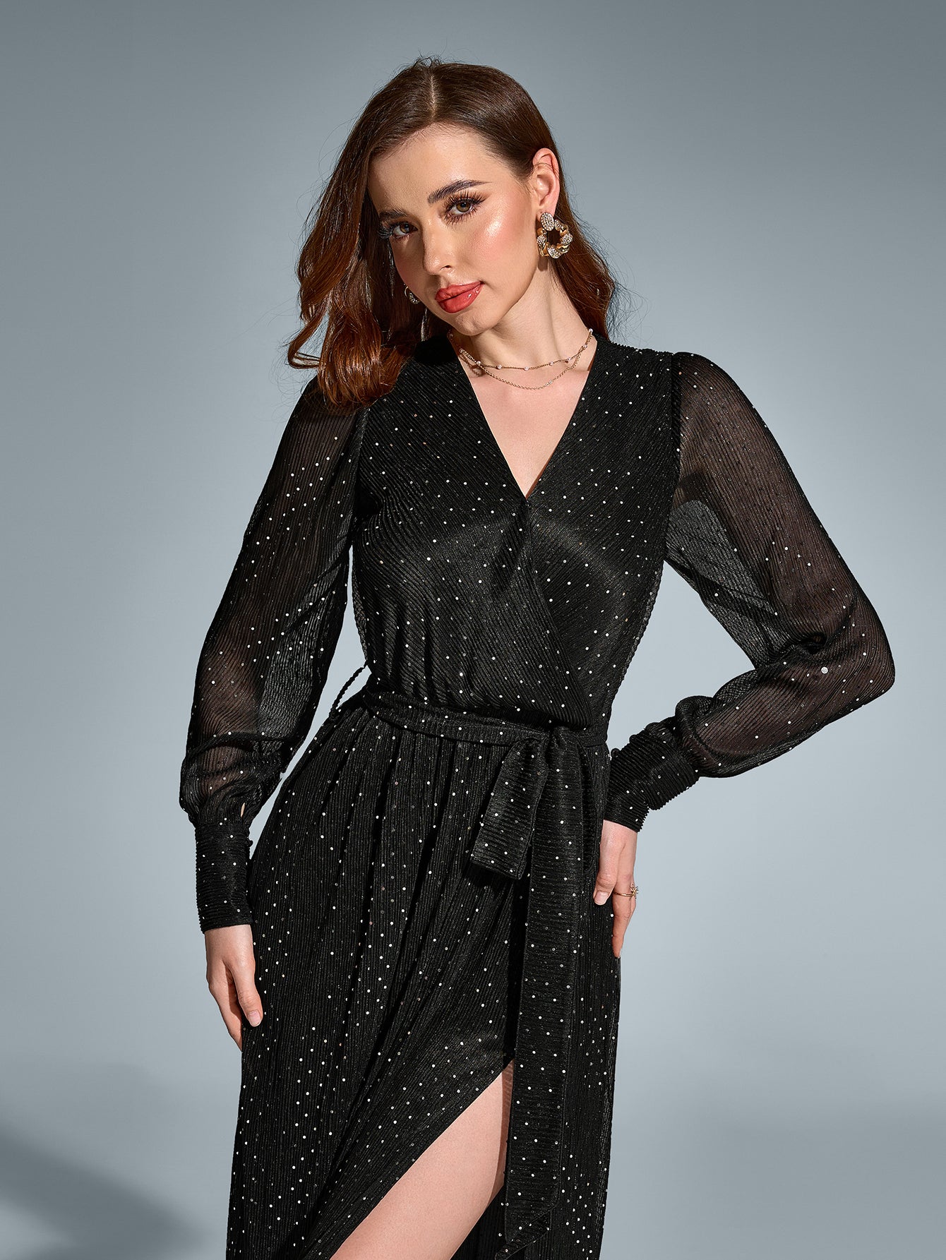 V-Neck Side Split Tie Round Dot Ruched Maxi Dress