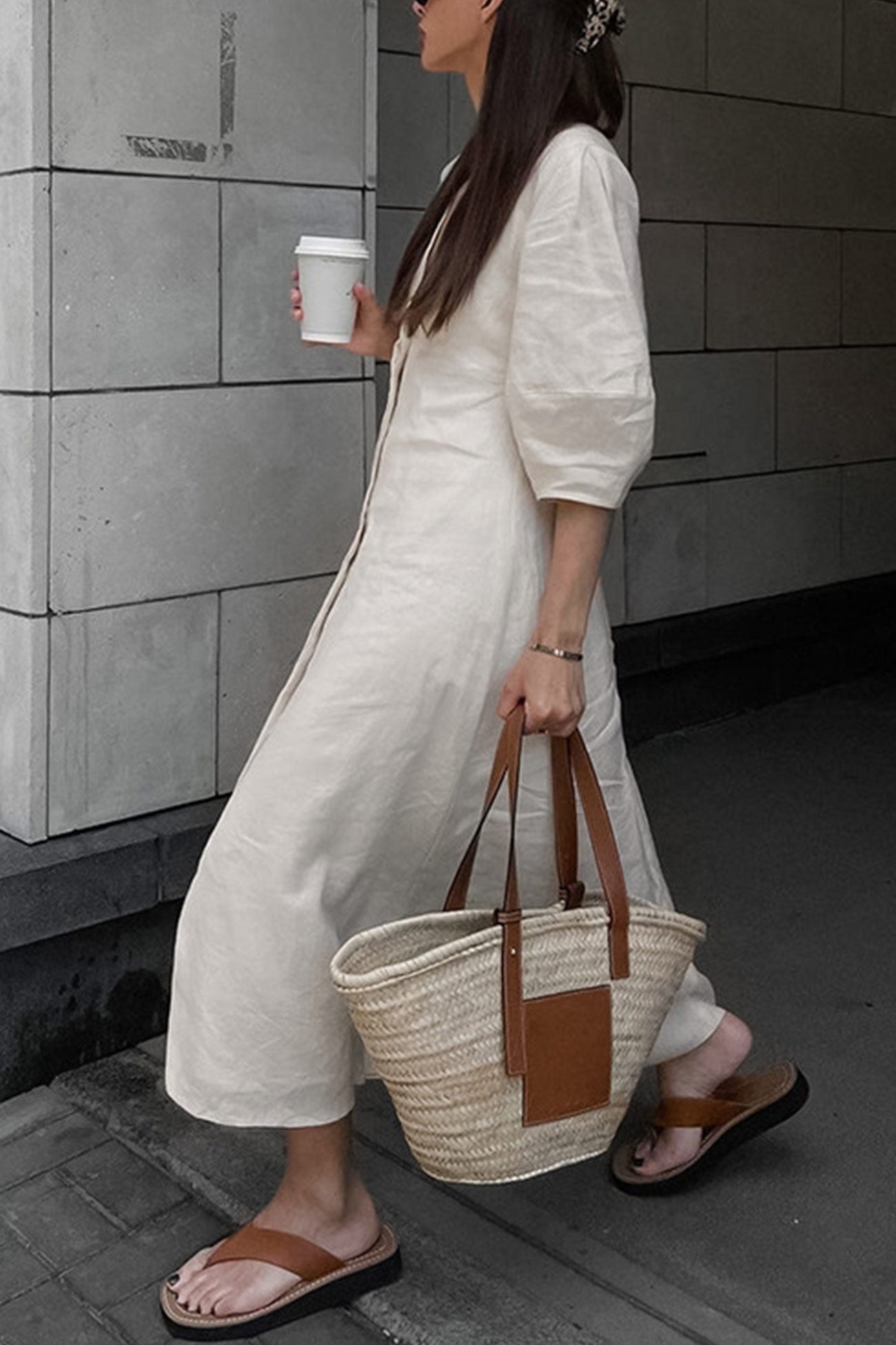 V Neck Single breasted Cotton Linen A line Dress