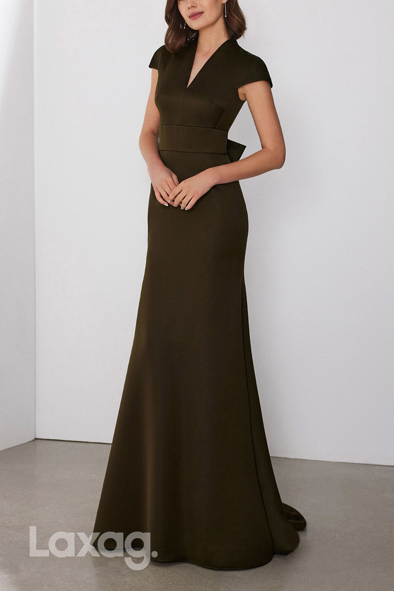 22887 - V-Neck Cap Sleeves Sleek Satin Mermaid Cocktail Party Formal Evening Dress