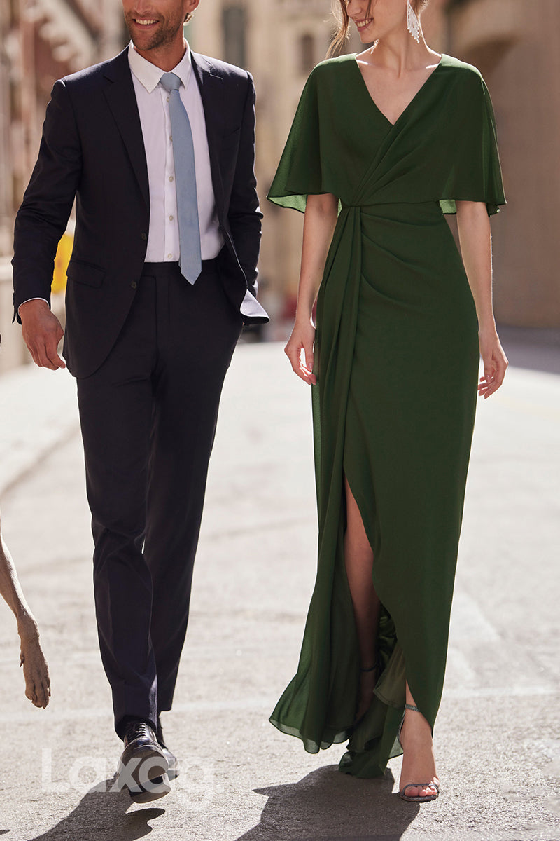22803 - V-Neck Half Sleeves Elagant Cocktail Party Formal Evening Dress with Slit