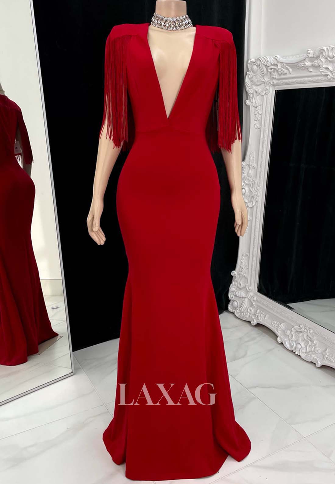 Deep V-Neck Half-Sleeves Floor-Length Satin Mermaid Prom Dress for Black Girl Slay