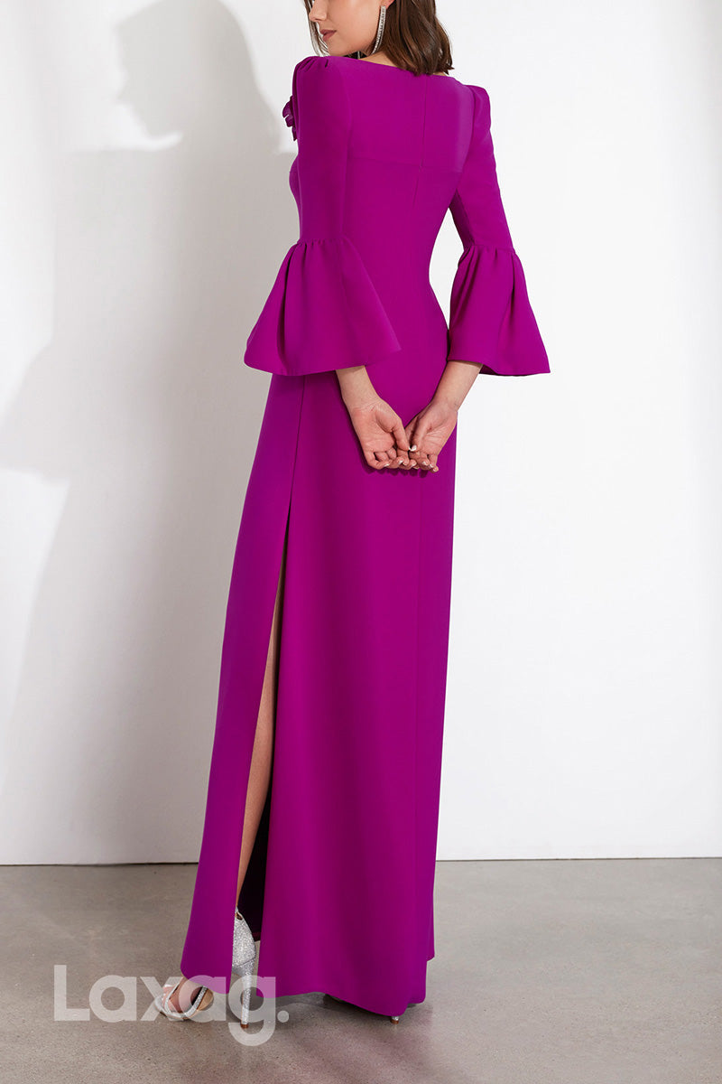 22959 - V-Neck Long Bell Sleeves Floral Embossed Cocktail Party Formal Evening Dress