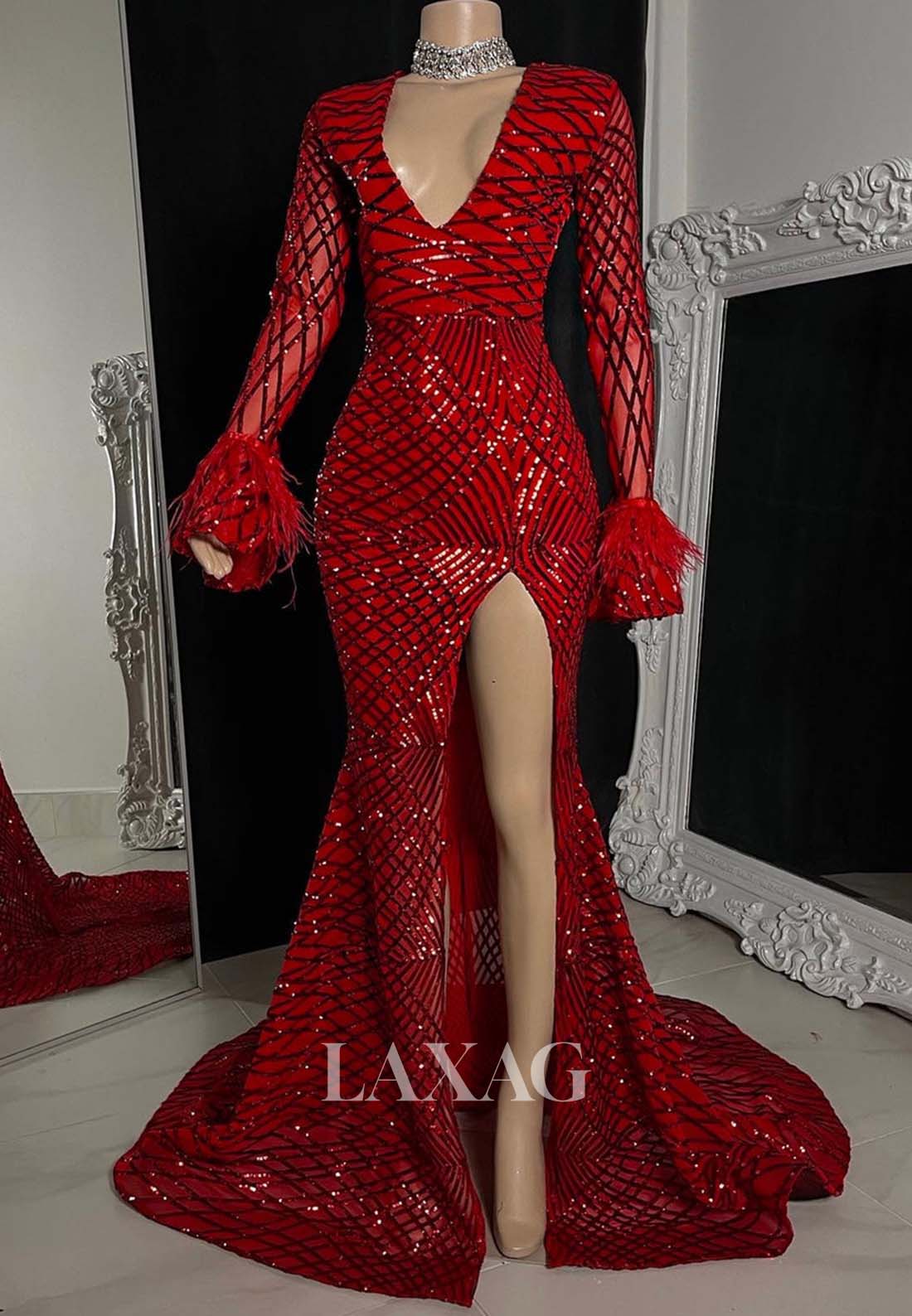 Deep V-Neck Long-Sleeves Sequins Mermaid Prom Dresses High Slit Sweep Train Party Gowns