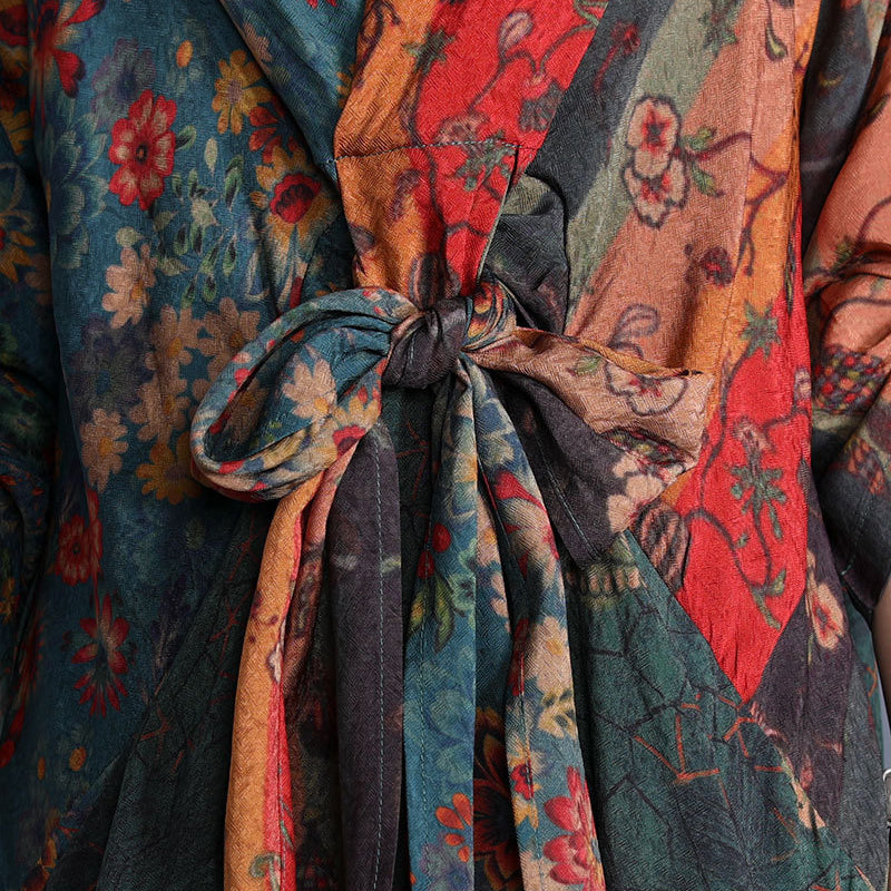 Floral Patchwork V-Neck Knotted Front Long Sleeve Maxi Dress