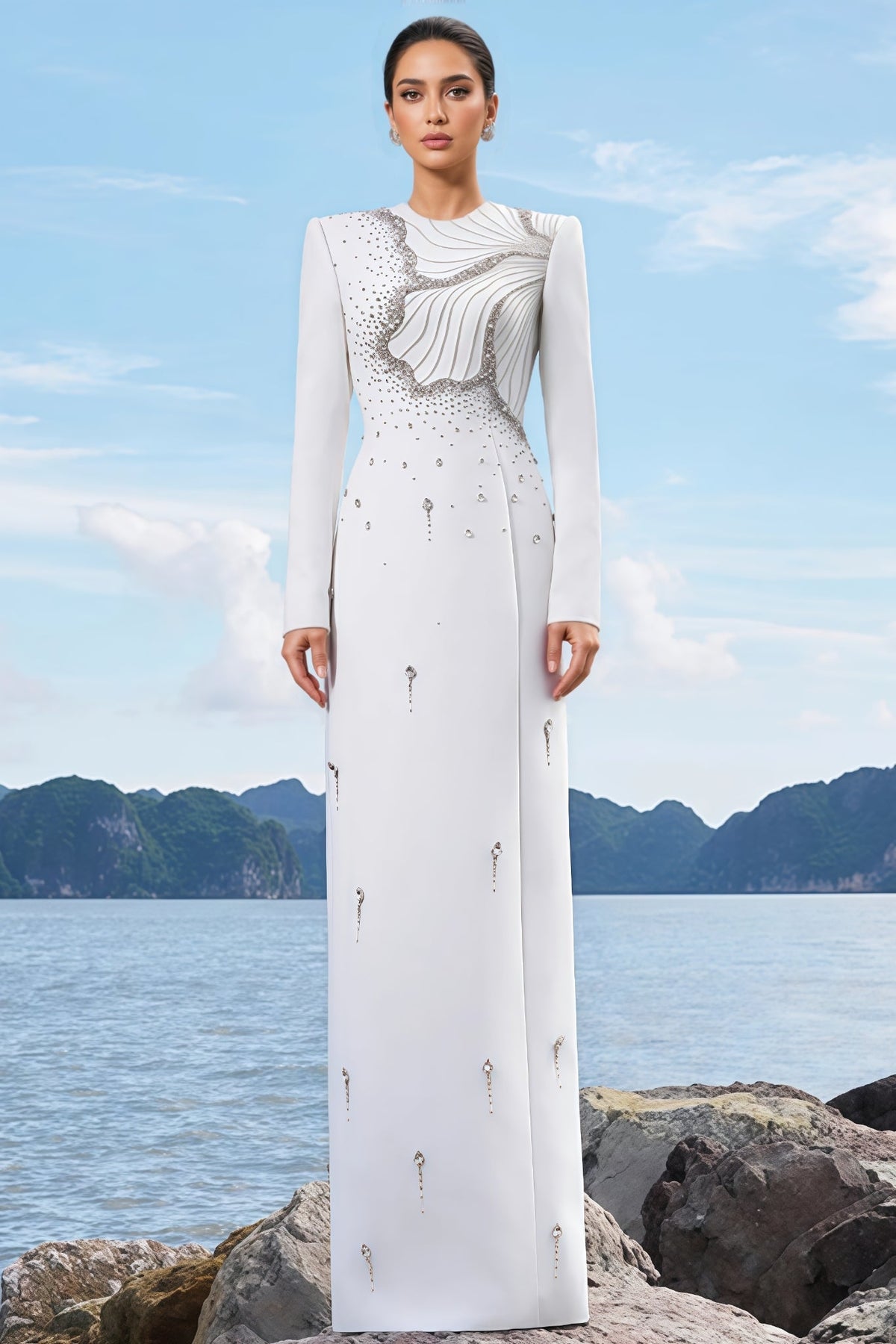 Crew Neck Long Sleeve Crystal Embellished Column Maxi Gown