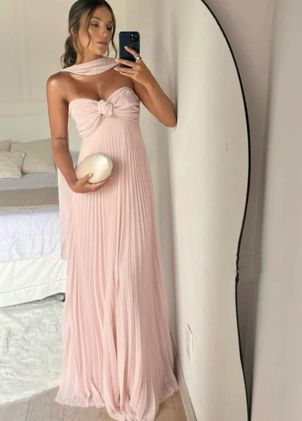 Cute Pink Chiffon Strapless A Line Long Prom Dress Pleated Party Gown cc1999