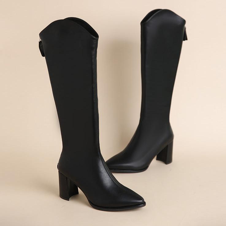 Pointed Toe Block Heel Knee High Boots