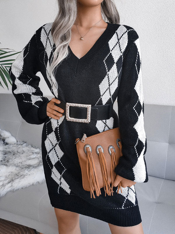 Argyle Knit V-Neck Long Sleeve Sweater Mini Dress 11