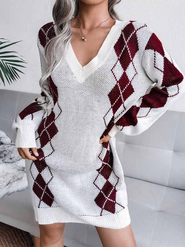 Argyle Knit V-Neck Long Sleeve Sweater Mini Dress 5