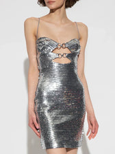 Silver Sequin Cut Out Mini Party Dress / S Partydress-241208
