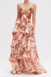 Butterfly Print Spaghetti Strap Tiered Ruffle Maxi Gown