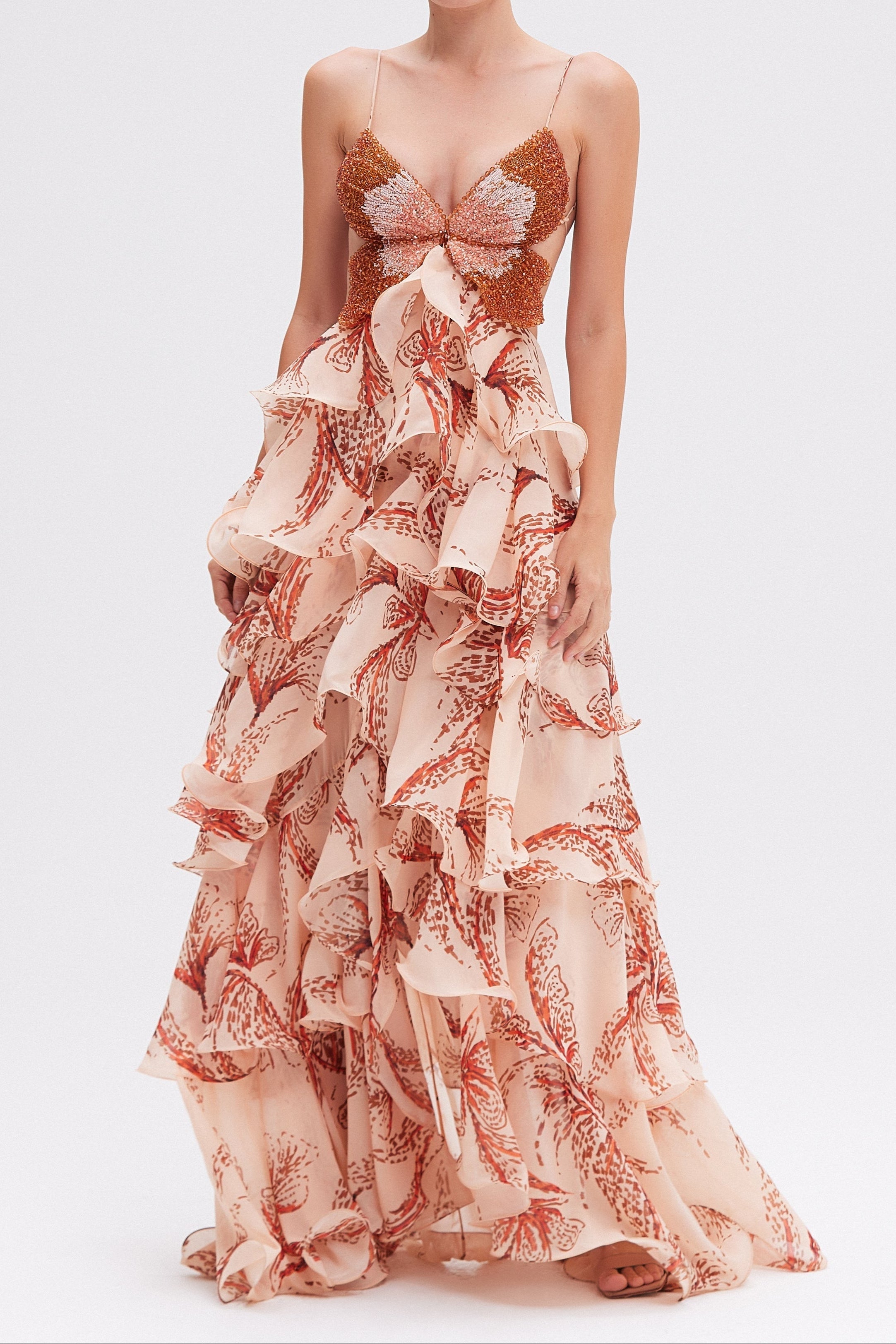 Butterfly Print Spaghetti Strap Tiered Ruffle Maxi Gown
