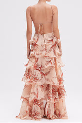 Butterfly Print Spaghetti Strap Tiered Ruffle Maxi Gown 2