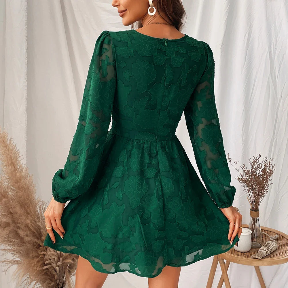 Long Sleeve Green Plunge ALine Mini Boho Dress