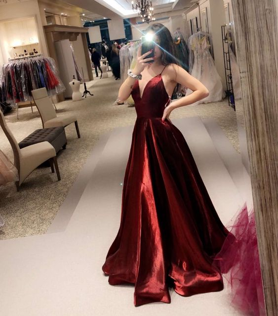Sexy Spaghetti Straps Dark Red A-line Long Prom Dress cc1284