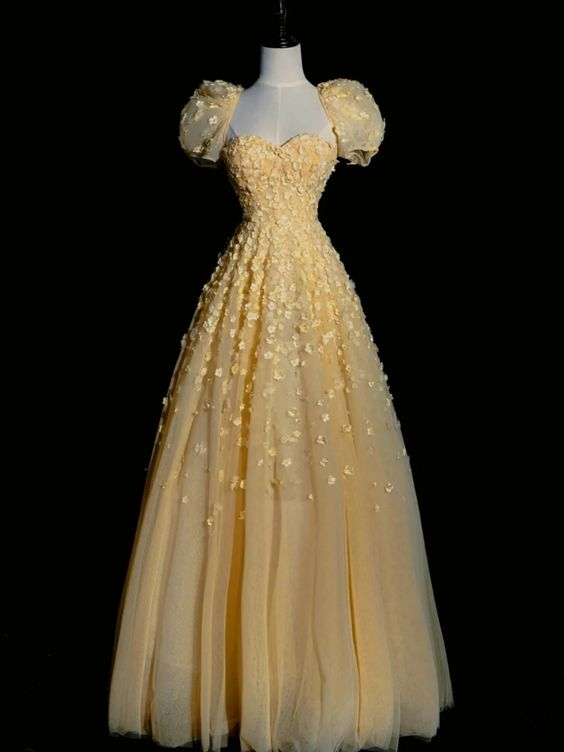 Charming Yellow A-line Puffy Sleeves Floral Prom Dress,Fairy Dress  cc1201