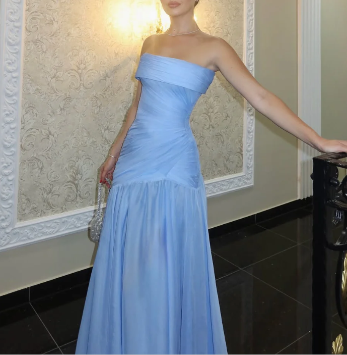 Elegant Strapless Blue Chiffon Pleated Mermaid Evening Dress Long Wedding Guest Dress D1023