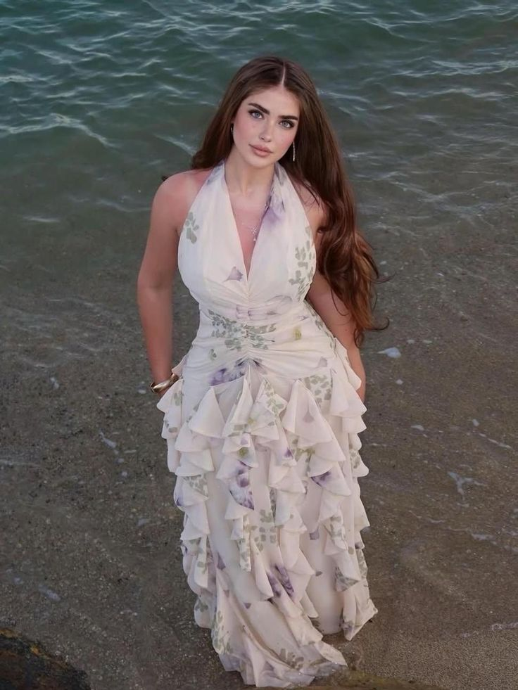 Pretty Halter V Neck White Chiffon Print Floral Ruffles Long Party Dress Prom Gown D1027