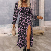 Floral Square Neck Long Sleeve High Split Maxi Dress 2