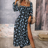 Floral Square Neck Long Sleeve High Split Maxi Dress 3