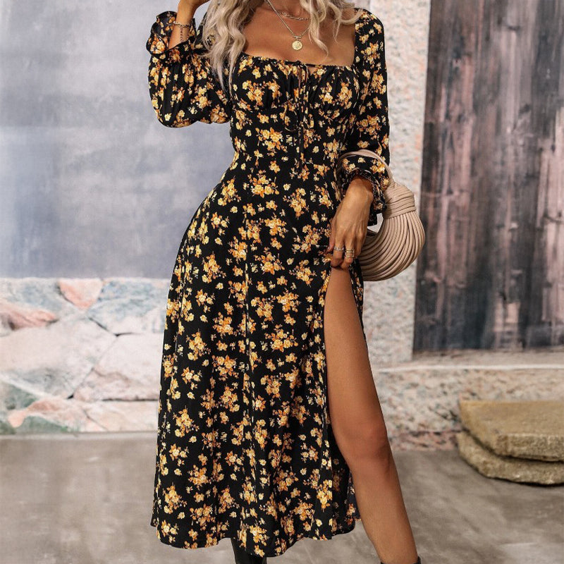 Floral Square Neck Long Sleeve High Split Maxi Dress 4